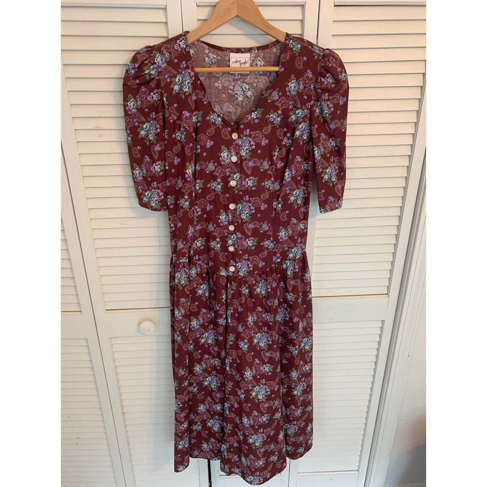 VTG 80s Cottagecore Floral Prairie Dress Midi 11 Cotton Puff Sleeve Burgundy USA